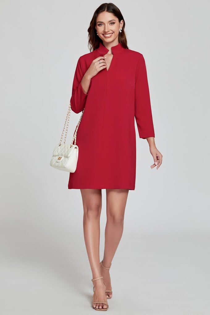 EZAPINE Damen-Minikleid, V-Ausschnitt, 3/4-Ärmel, Retro, elegant, formelle Arbeitskleider mit Taschen – Bild 6