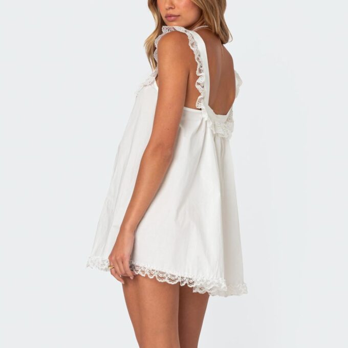 Women Y2K Lace Trim Slip Dress Casual Bow Tie Pleated Ruffle Tunic Dress Summer Outgoing Solid Color Short Sundress – Bild 6