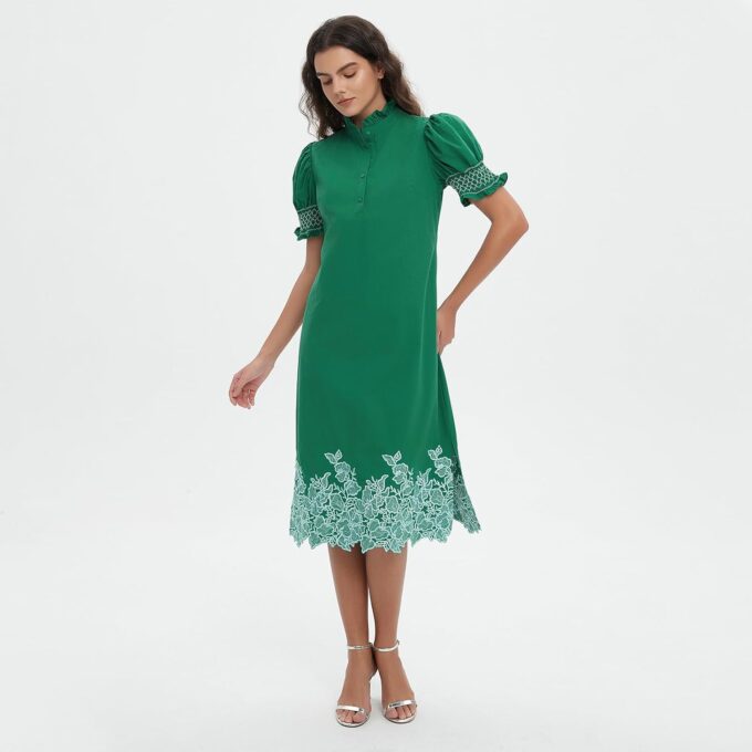 Womens Casual Shirt Dress Button Down Short Sleeve Midi Dress Flower Embroidery Slit Spring Summer Fall Fashion Dresses – Bild 2