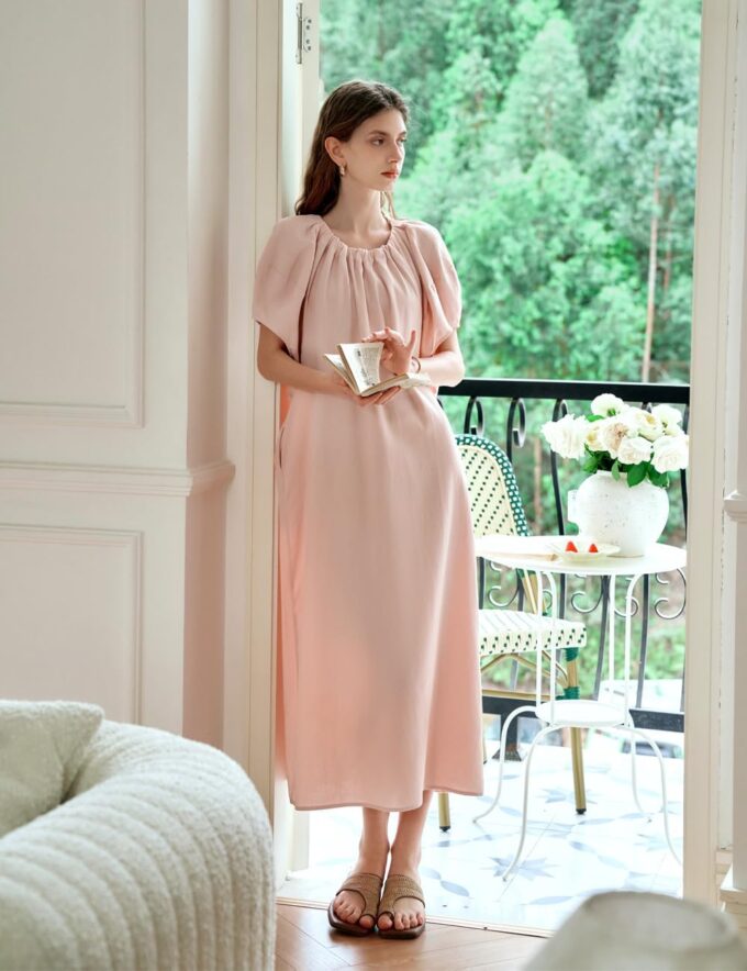 Women's Light Pink Long Dress, Pleated Round Neck Puff Sleeve Loose Summer Casual Midi Dress with Pockets – Bild 6