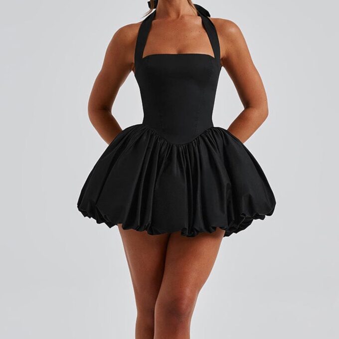 Women Y2K Halter Bubble Mini Dress Sexy Open Back Tie up Backless Corset Short Puff Dress Party Cocktail Clubwear – Bild 3