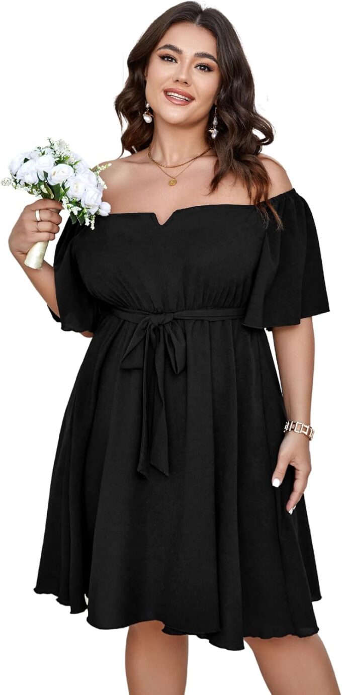 SCOMCHIC Womens Plus Size Cocktail Dress Summer Off Shoulder Short Sleeve Flowy Ruffle A-Line Cute Mini Dress with Belt – Bild 2