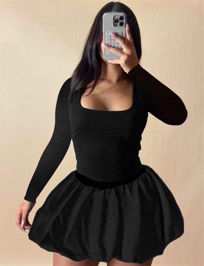 Women's Sexy Square Neck Long Sleeve Puff Bubble Balloon Mini Dress – Bild 7