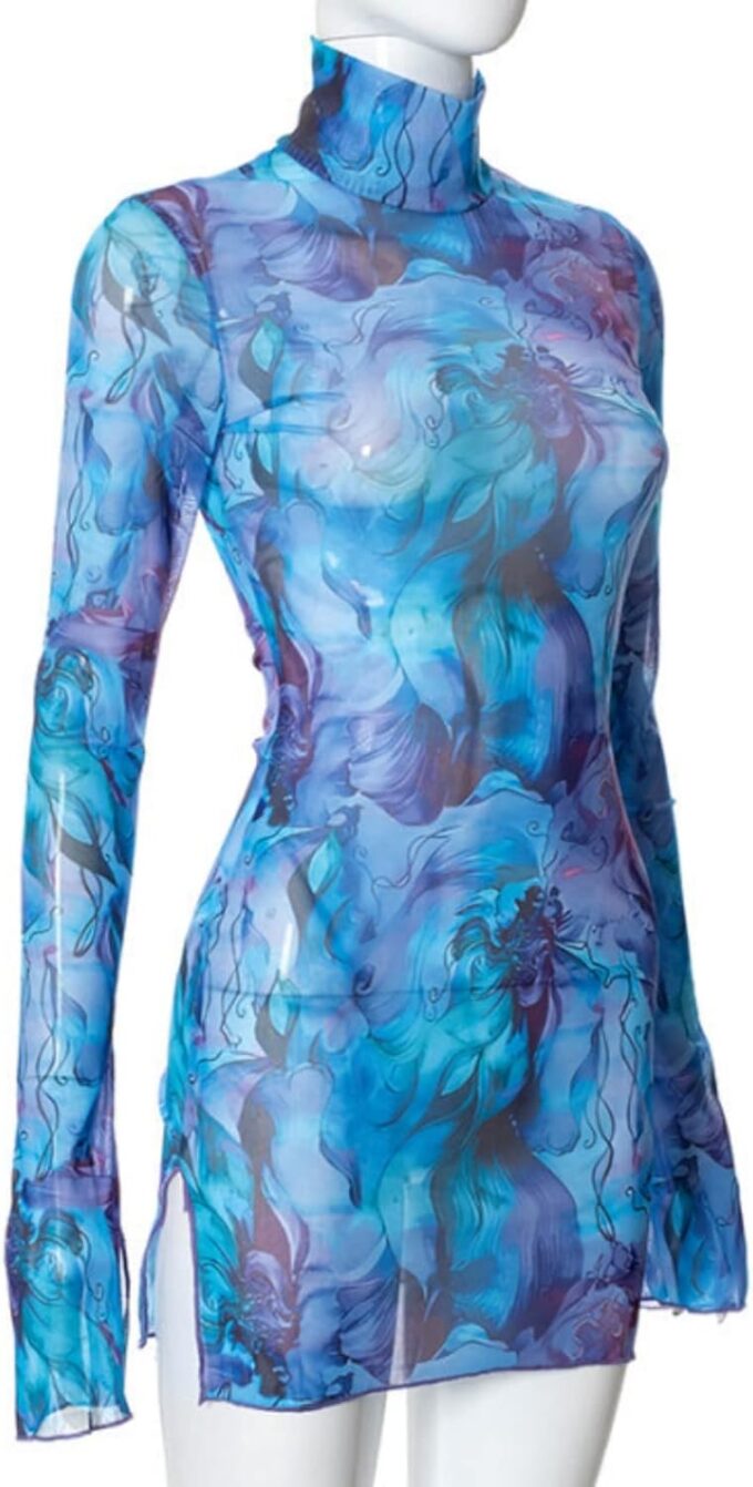 Women’s Floral Tie Dye Sheer Mesh Mini Dress Sexy Mock Neck Split Bodycon Flared Long Sleeve Beach Party Dress – Bild 4