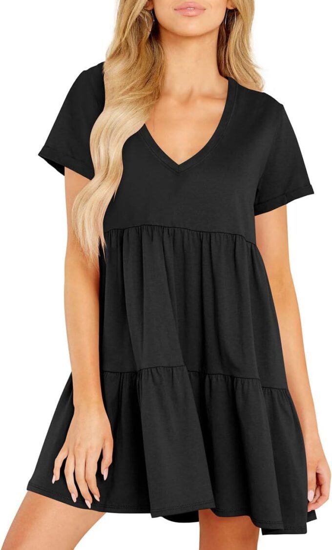 Cosonsen Womens Summer Casual Dresses 2025 Short Sleeve V-Neck Tshirt Dress Flowy Babydoll Dress – Bild 4