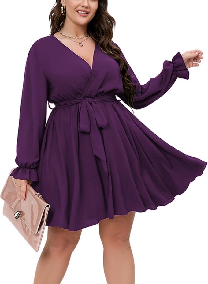 SCOMCHIC Women's Plus Size Long Sleeve Wrap V Neck Tie Waist A Line Mini Dress