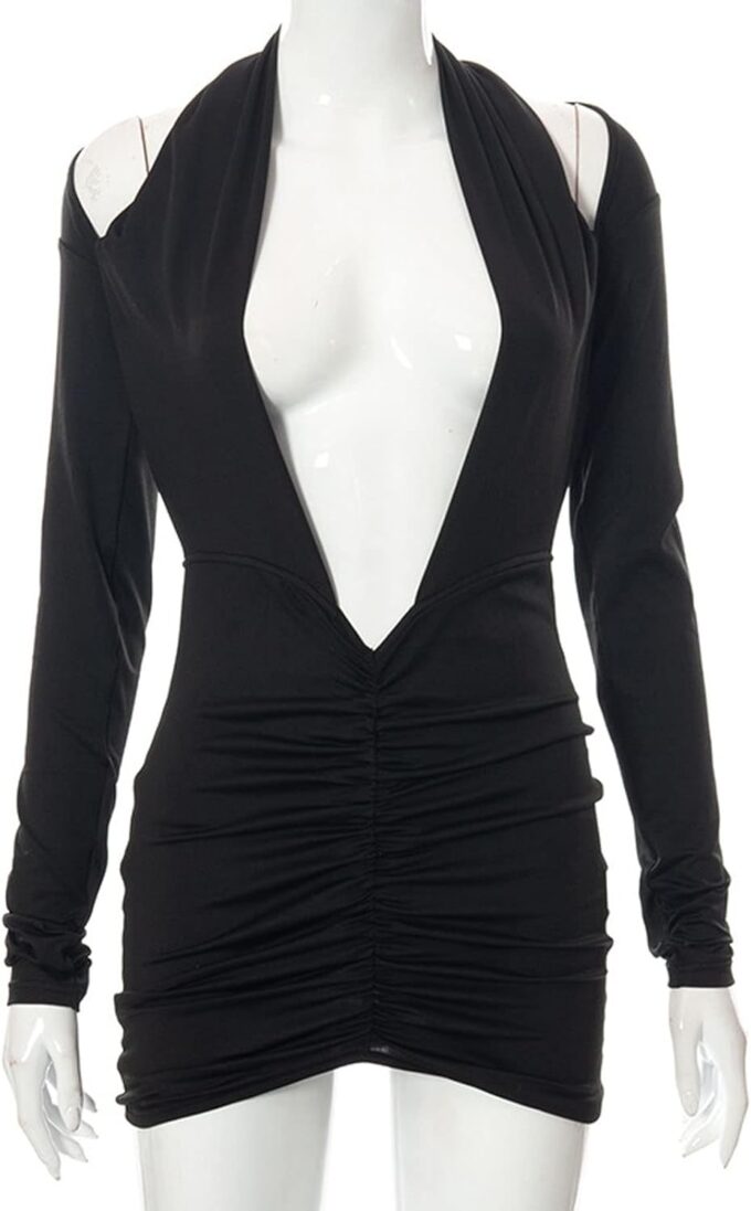 Women Sexy Deep V Neck Long Sleeve Backless Dress Cut Out Bodycon Ruched Mini Club Dresses – Bild 4