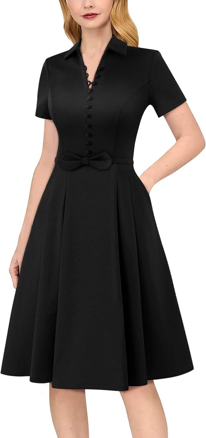 VFSHOW Damen-Kleid, Businesskleid, Arbeit, Büro, Gürtel, Knöpfe, Taschen, Kragen, Skaterkleid, A-Linie