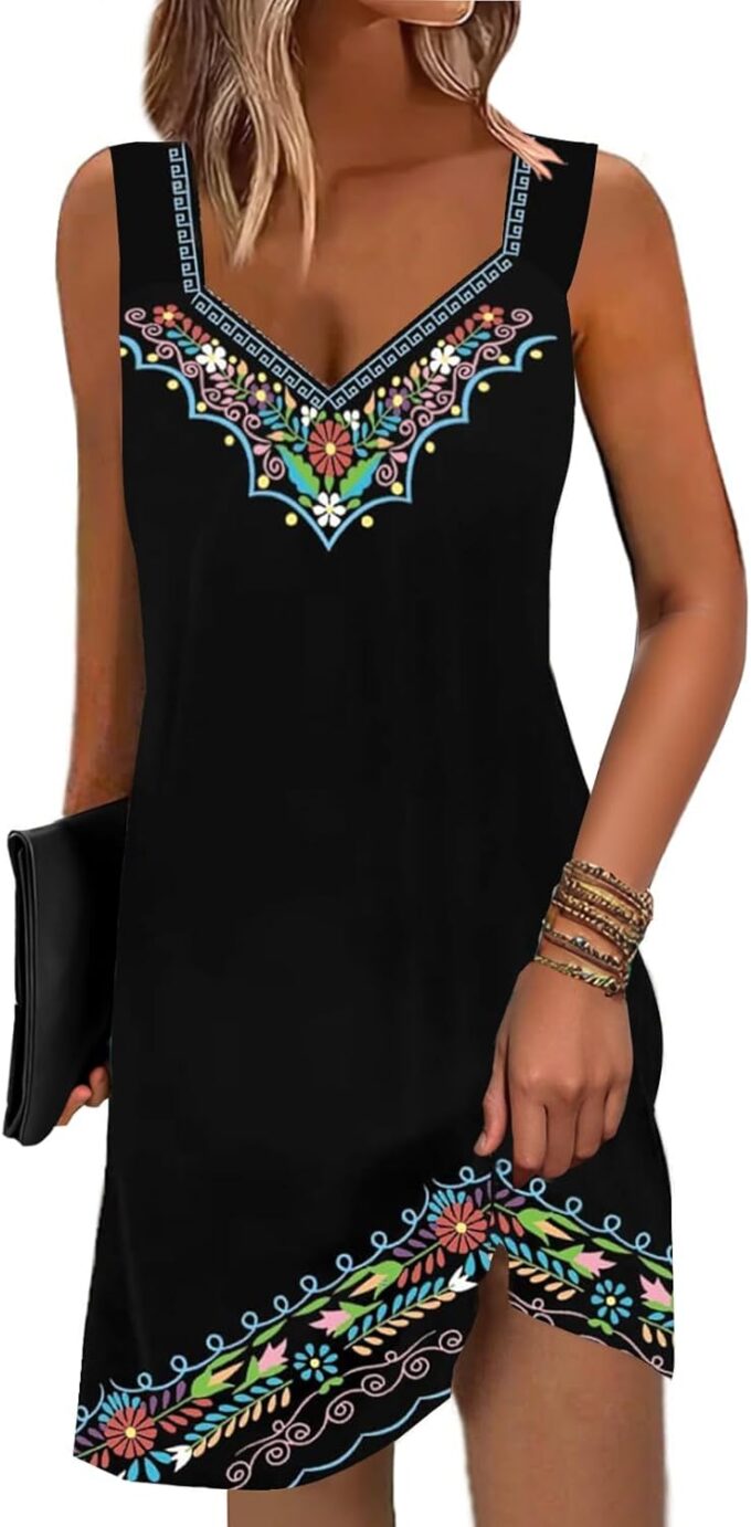 SAUKOLE Summer Dresses for Women Casual Loose Sleeveless Tank Dress Fashion V Neck Flowy Mini Short Sundress