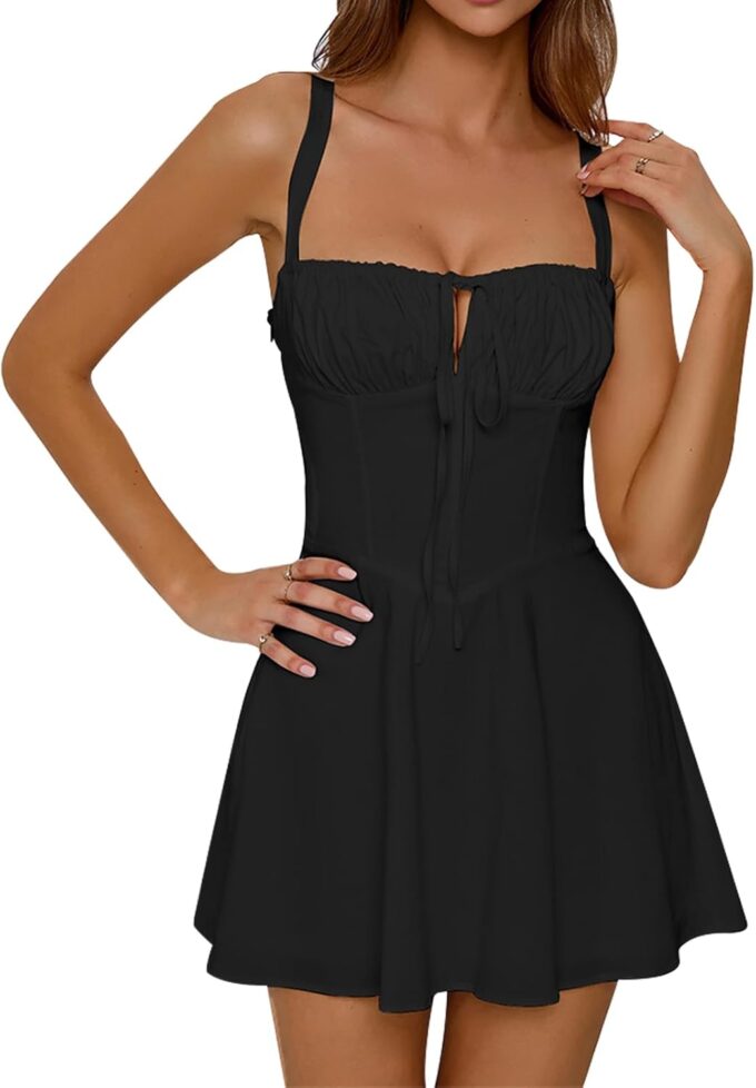 GLNEGE Women's Summer Corset Mini Graduation Dress Lace Up Backless A-line Flowy Sundress Going Out Trendy Party Dresses