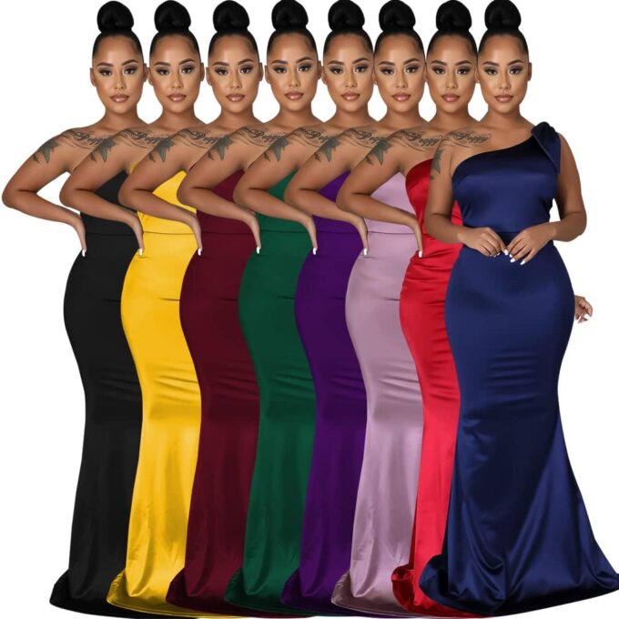 JTNFairy Women's Sexy Ruffle Sleeveless One Shoulder Bodycon Dresses Classy Pencil Curvy Party Evening Long Formal Dress – Bild 6