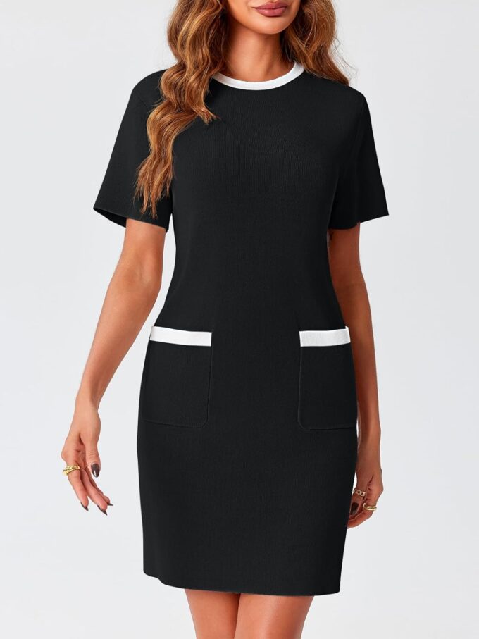 Wenrine Womens Work Dress Business Casual Contrast Color Elegant Short Sleeve Knit Summer Mini Dress – Bild 7