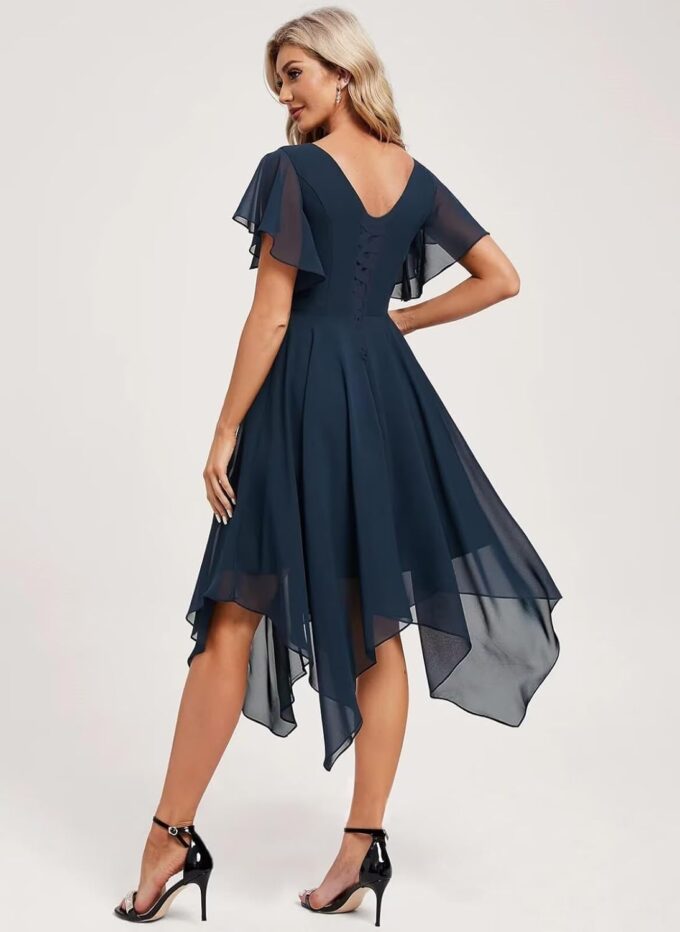Asymmetrical V Neck Ruched Chiffon Bridesmaid Dresses Short for Women Flutter Sleeve Formal Party Gowns with Pockets – Bild 5