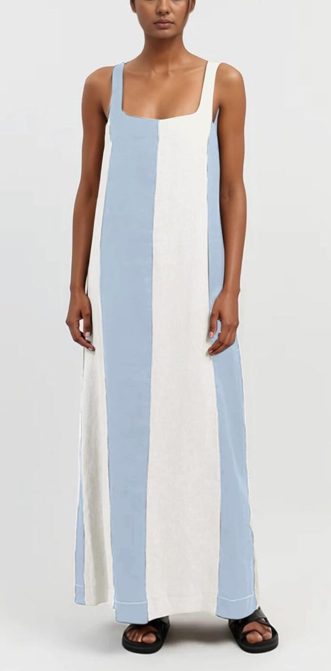 CHARTOU Women Summer Sleeveless Linen Dress Contrast Color Maxi Long Beach Vacation Tank Dress – Bild 3