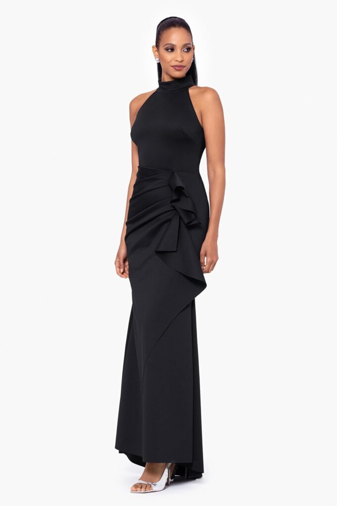 Xscape Women's Sleek Sleeveless V-Neck Gown with Cascading Ruffle and High Slit – Bild 3
