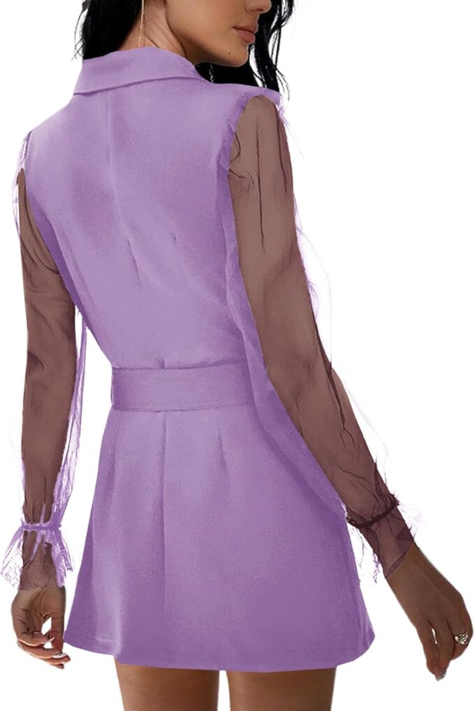 LYANER Damen Elegant Kragen V Ausschnitt Spitze Langarm Blazer Minikleid mit Gürtel – Bild 2