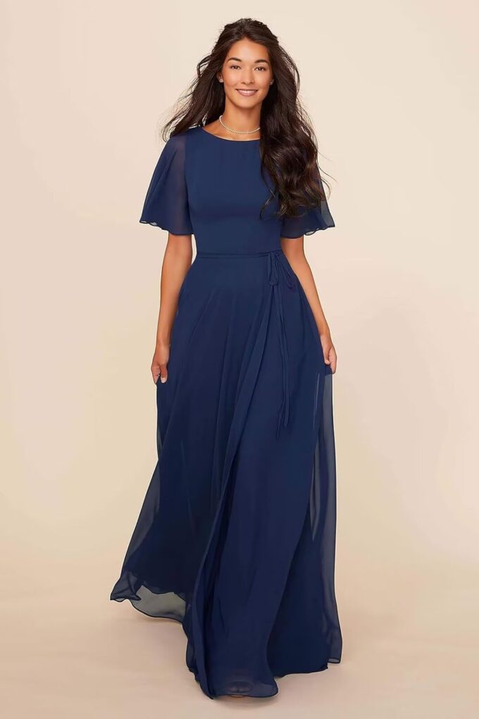 GOEBAODEEN Chiffon Modest Bridesmaid Dresses A Line Bateau Neck Flutter Sleeve Formal Evening Gown with Pockets – Bild 4
