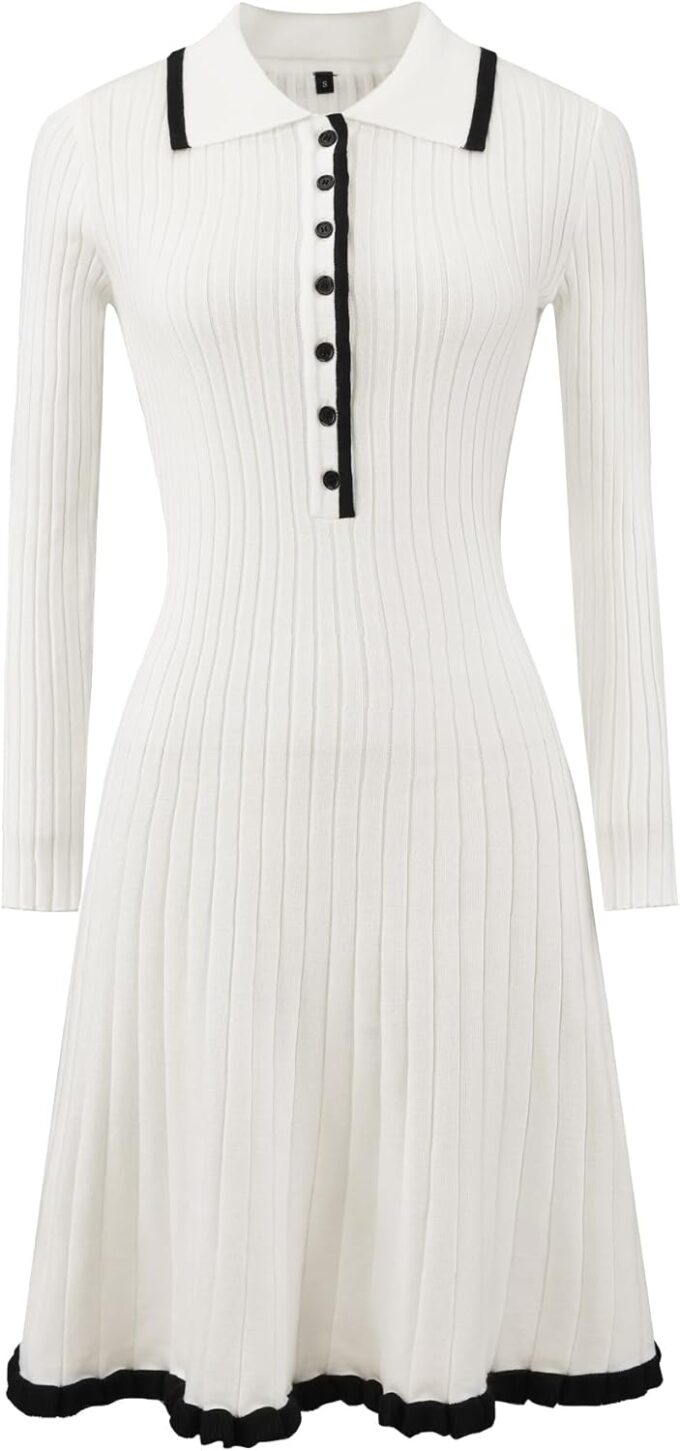 Hobemty Damen Midi Strickkleid Gerafft A-Linie Sweater Polokleider