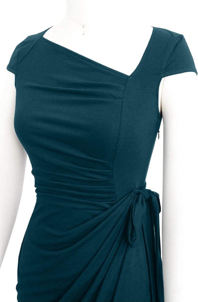 Women's Vintage Cap Sleeves Asymmetrical Neckline Sheath Bodycon Casual Work Cocktail Party Pencil Faux Wrap Dresses – Bild 4