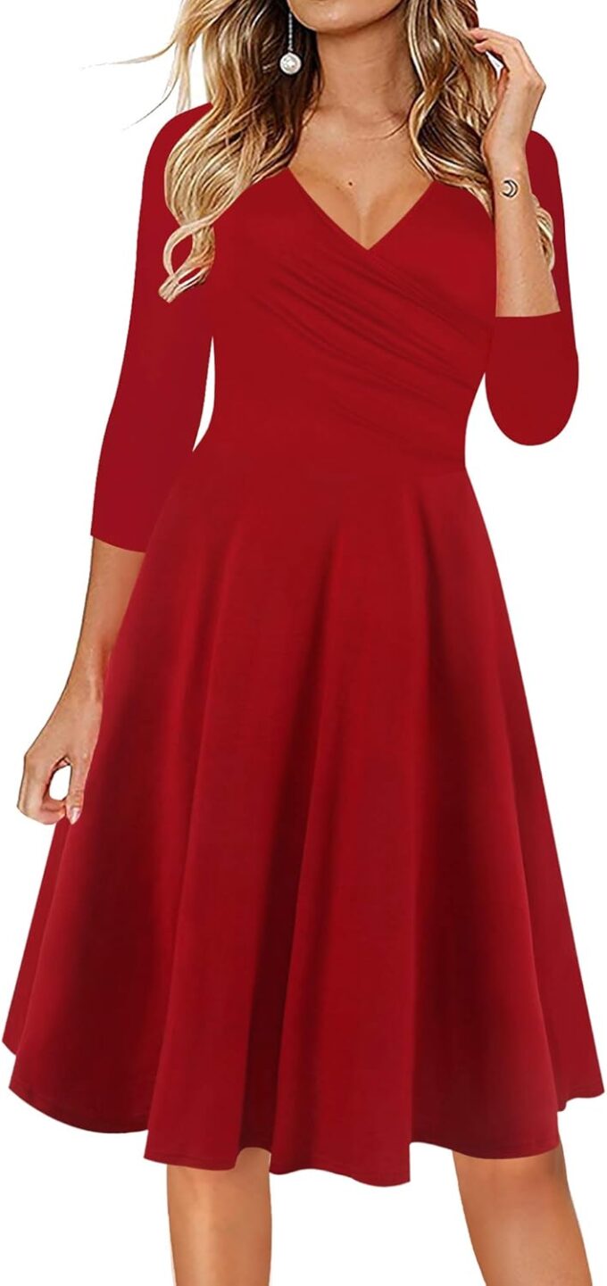 oxiuly Damen V-Ausschnitt Flügelärmel Floral Stretchy Swing Kleid Klassisch
