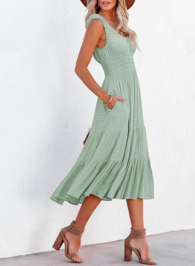 AlvaQ Women Summer Dresses Sleeveless Smocked Midi Dress High Waist Casual Tiered A Line Sundress with Pockets – Bild 2