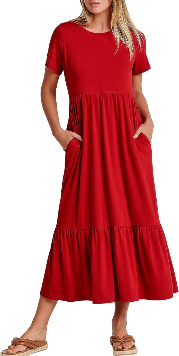 ANRABESS Womens 2025 Summer Casual Maxi Dress A line Tiered Flowy Short Sleeve Crewneck T Shirt Beach Travel Long Dresses