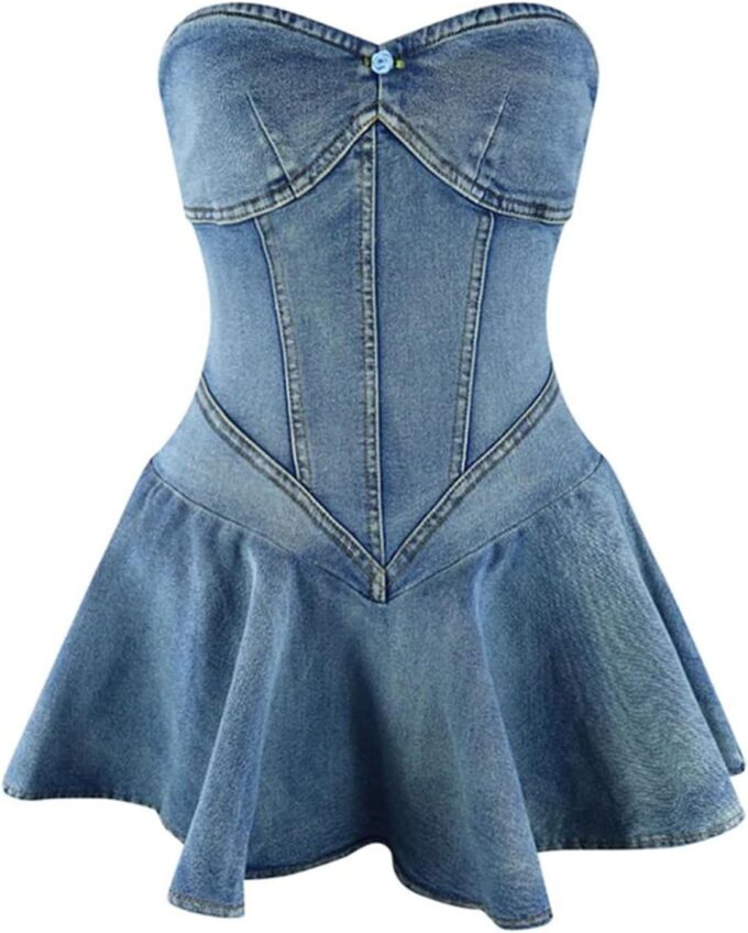 Famnbro Womens Denim Dress Strapless Off Shoulder Sexy Backless Tube Mini Jean Corset Dresses Clubwear – Bild 3