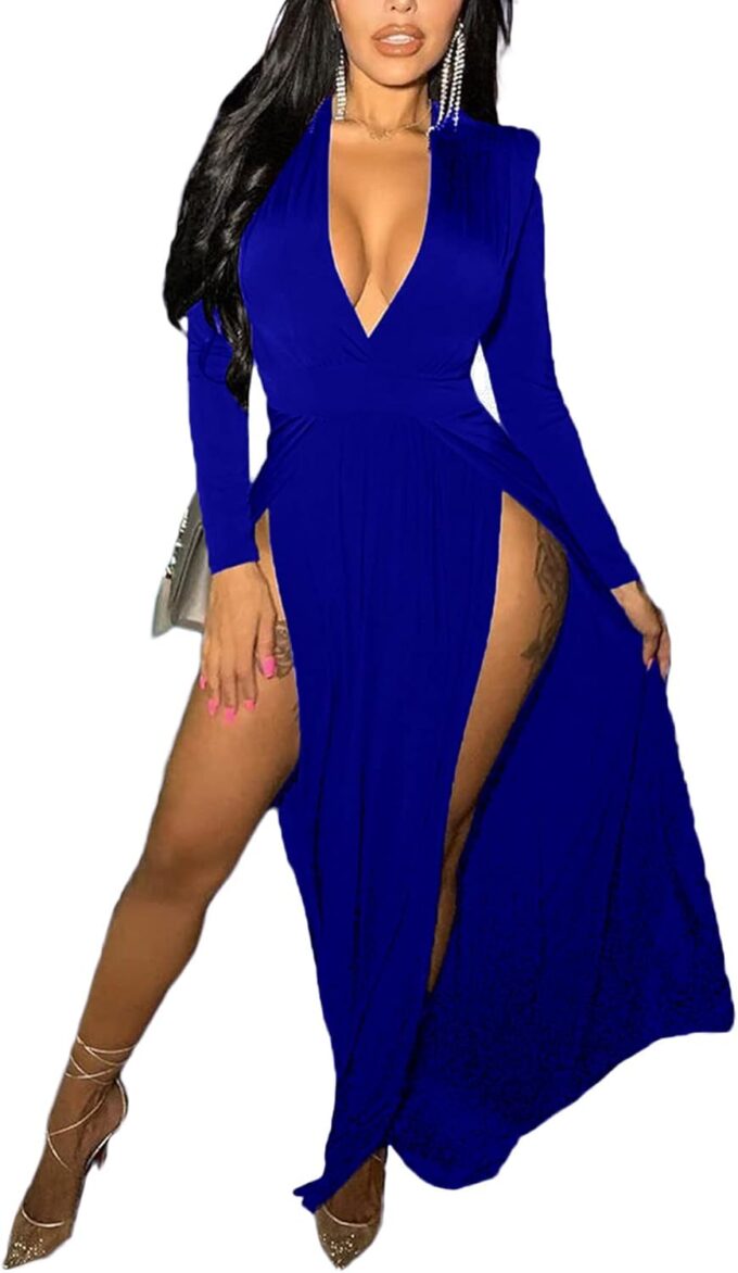 LYANER Women's Sexy Deep V Neck High Split Side Long Sleeve Long Cocktail Dress
