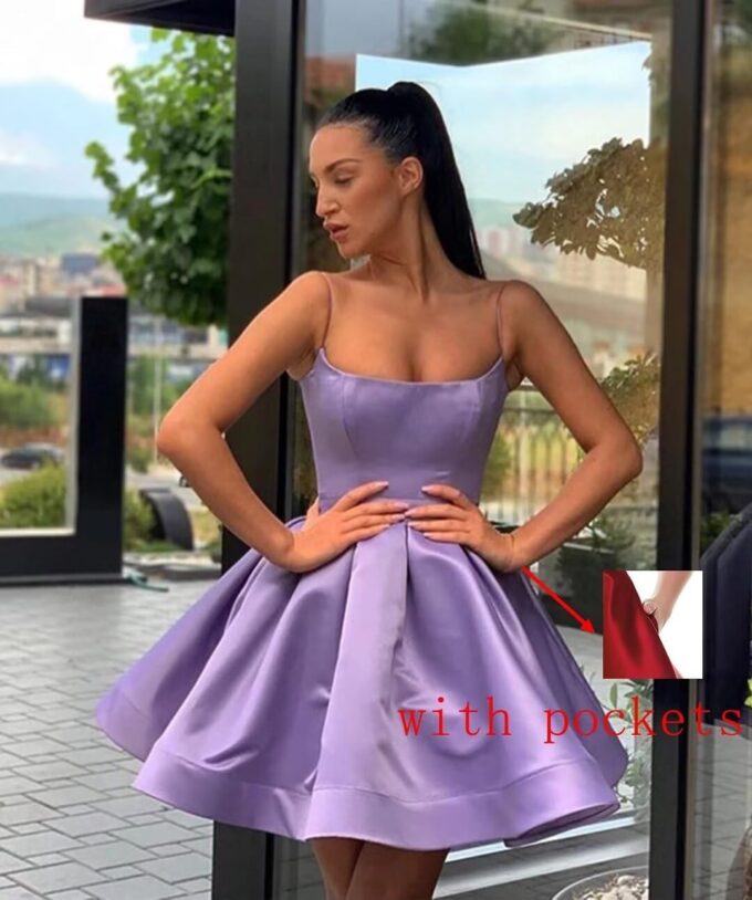 A-line Satin Homecoming Dress Spaghetti Straps for Women, Short Square Neck Cocktail Dress Sleeveless Prom Dress – Bild 3