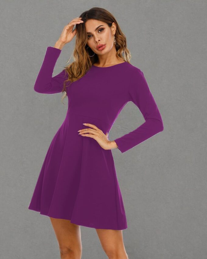 Jusfitsu Langärmeliges Damenkleid, lässig, schlicht, A-Linie, knielang, Rock, schmale Passform, Skaterkleid – Bild 7
