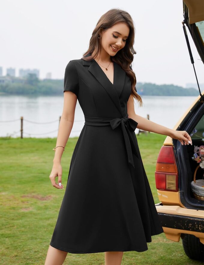 Meetjen Women's Vintage Cocktail Dresses for Wedding Guest Formal Short Sleeve Fit and Flare Church Tea Dress – Bild 5
