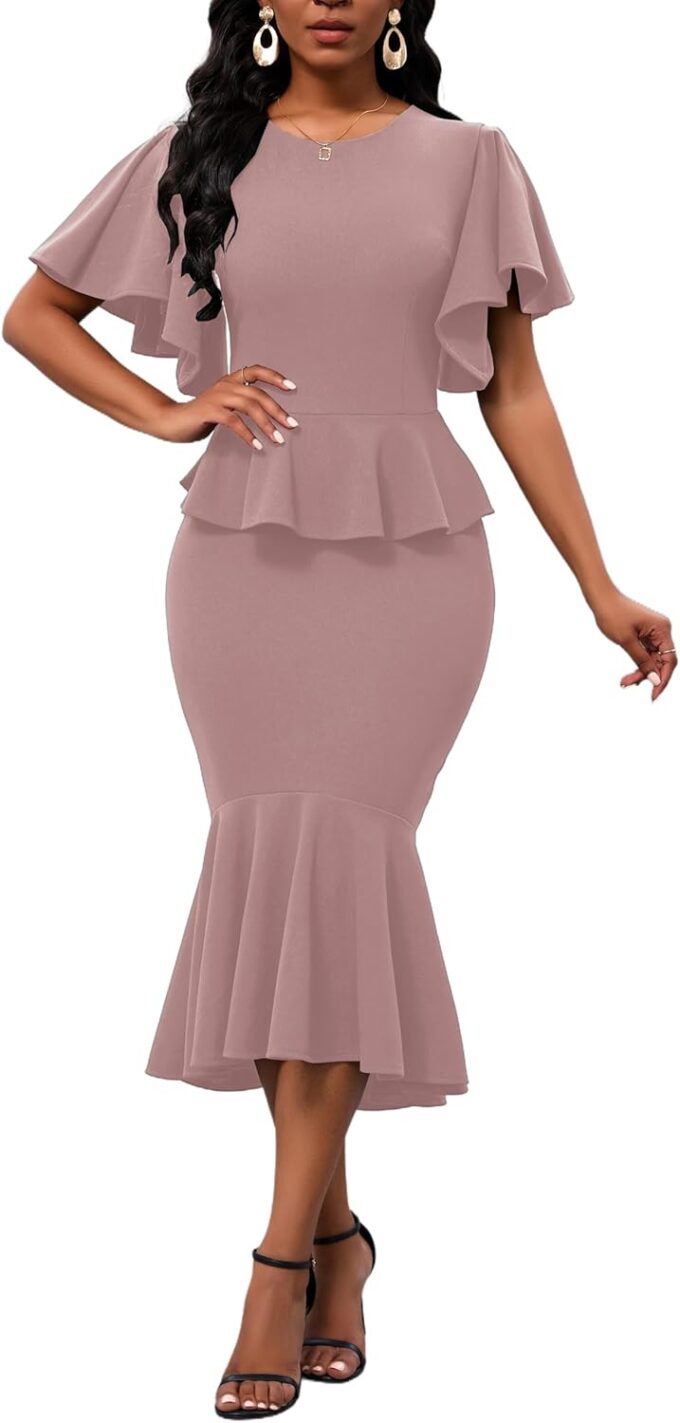 Womens Summer Ruffle Short Sleeve Fishtail Dress Evening Cocktail Formal Peplum Midi Mermaid Dresses Elegant – Bild 4