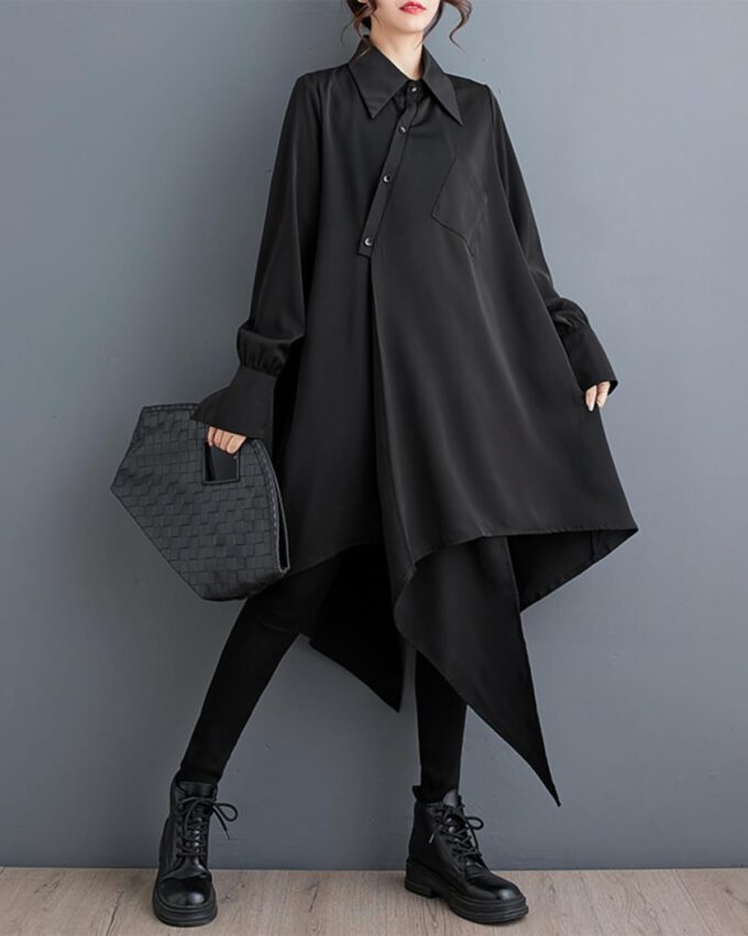 ellazhu Women's Oversized Solid Color Long Sleeve Back Slit Flowy Irregular Hem Shirt GZ150 – Bild 4
