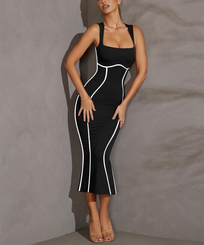 Lrady Women's Square Neck Dresses Long Sleeve Contrast Binding Split Bodycon Mermaid Evening Cocktail Party Dress – Bild 6