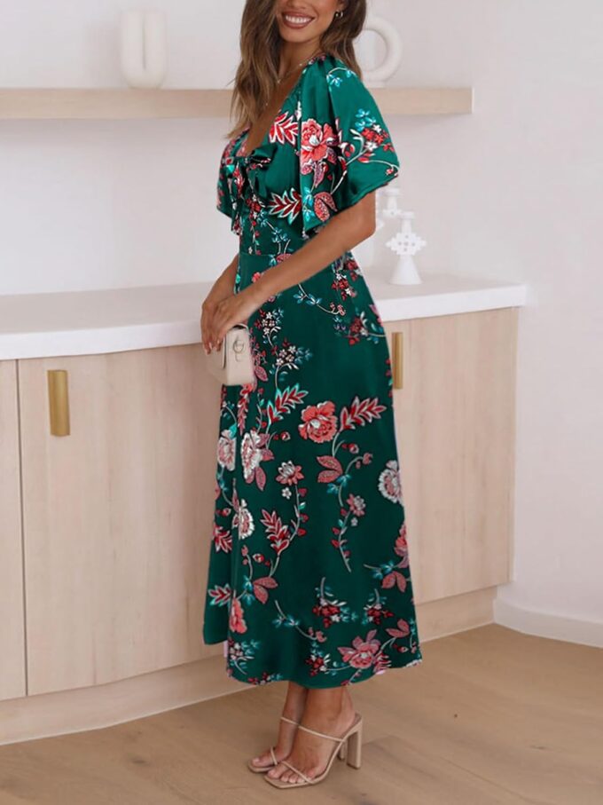 Fashionme Womens Dresses 2025 Maxi Dresses Deep V Neck Elegant Bow Tie Front Cap Sleeve Summer Floral Satin Smocked Dress – Bild 8