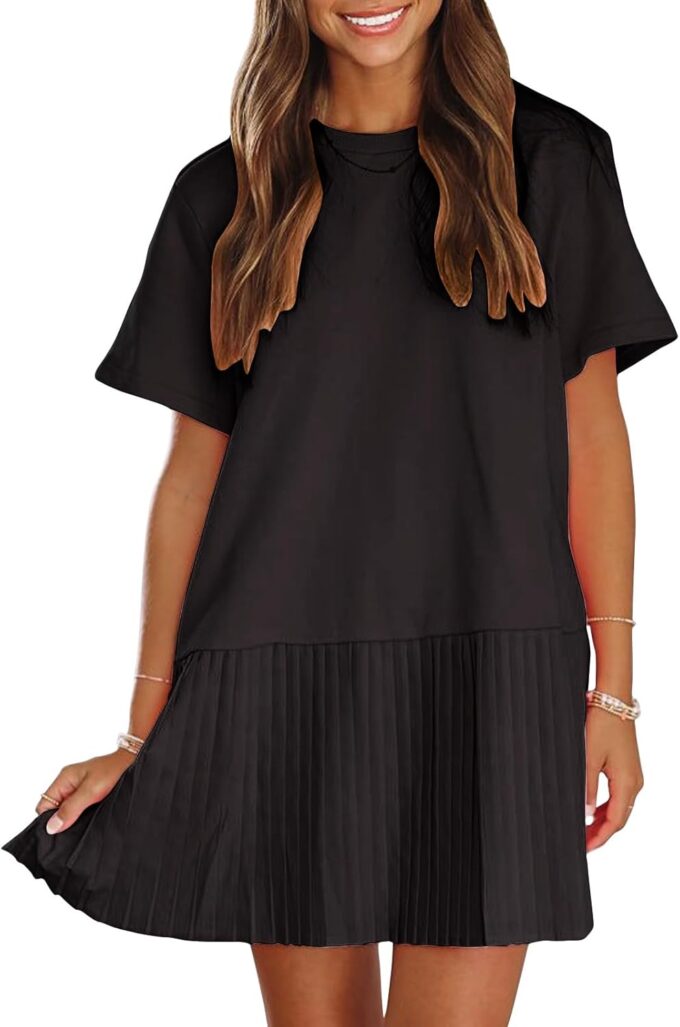 EXLURA Womens Summer Casual Short Sleeve Dress Crewneck Tshirt Dresses Pleated Aline Mini Dress 2025 Vacation Beach Sundress