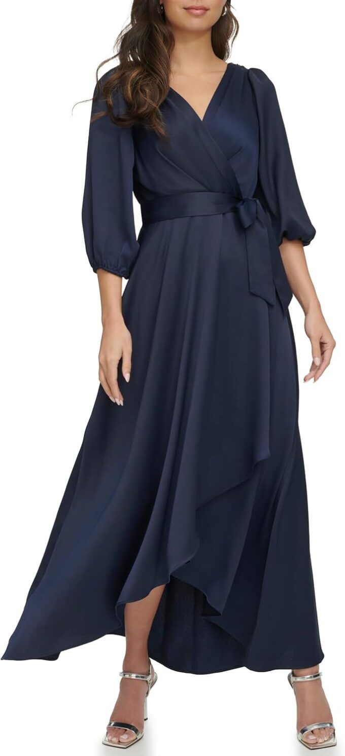 DKNY Women's Balloon Sleeve Satin Faux Wrap Maxi Dress – Bild 2