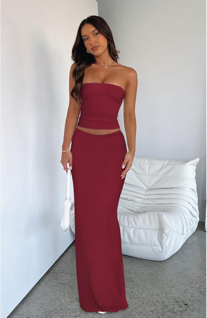 2 Piece Skirt Sets for Women Summer, Floral Sleeveless Tube Top Bodycon Maxi Skirts Y2k Vacation Going Out Outfits – Bild 2