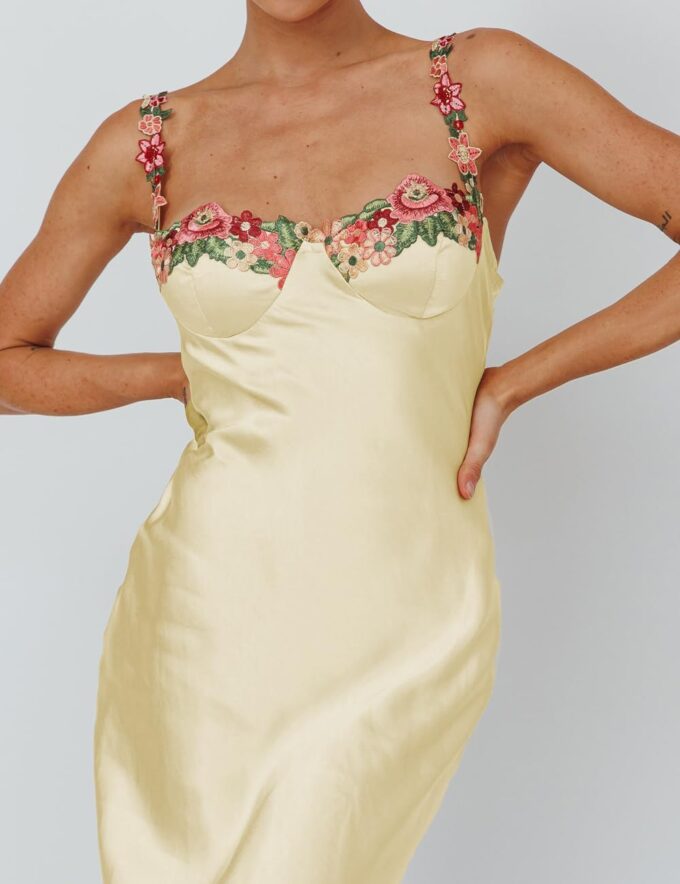 Sexy Satin Spaghetti Strap Floral Embroidered Maxi Dress for Women Sweetheart Neckline Backless Sleeveless Slit Midi Dress – Bild 2
