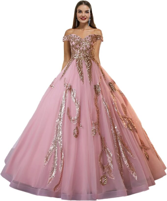 Elegant Women's Tulle Ball Gown Off The Shoulder Prom Dress Sparkly Quinceanera Dress Sweet 16 Dress