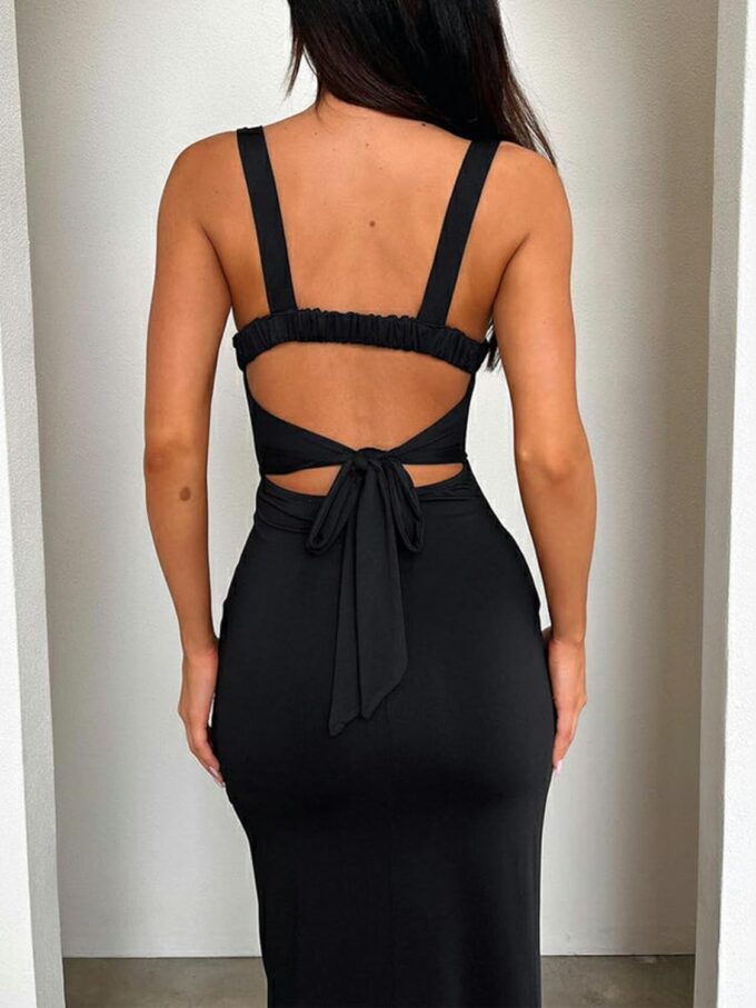 Women's Sexy Backless Spaghetti Straps Square Neck Maxi Dress Thigh High Slit Bodycon Cocktail Party Dress – Bild 3