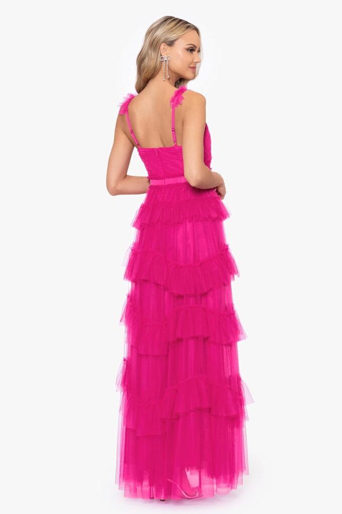 Betsy & Adam Women's Long Ruffle Tier Mesh Evening Dress – Bild 3