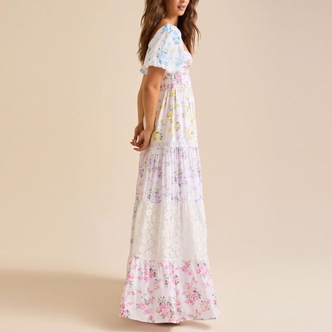 Women Patchwork Dress Y2k Floral Patchwork Maxi Dress Puffy Short Sleeve Square Neck Smocked Tiered Ruffle Sundress – Bild 4