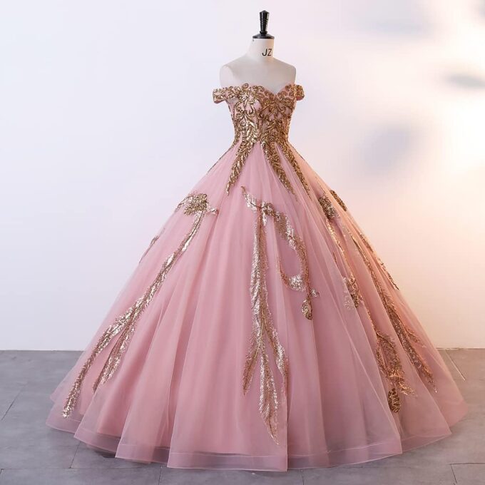 Elegant Women's Tulle Ball Gown Off The Shoulder Prom Dress Sparkly Quinceanera Dress Sweet 16 Dress – Bild 3