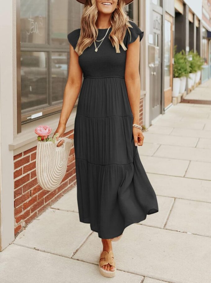 MEROKEETY Women's Flutter Short Sleeve Smocked Midi Dress Summer Casual Tiered A-Line Dress – Bild 2