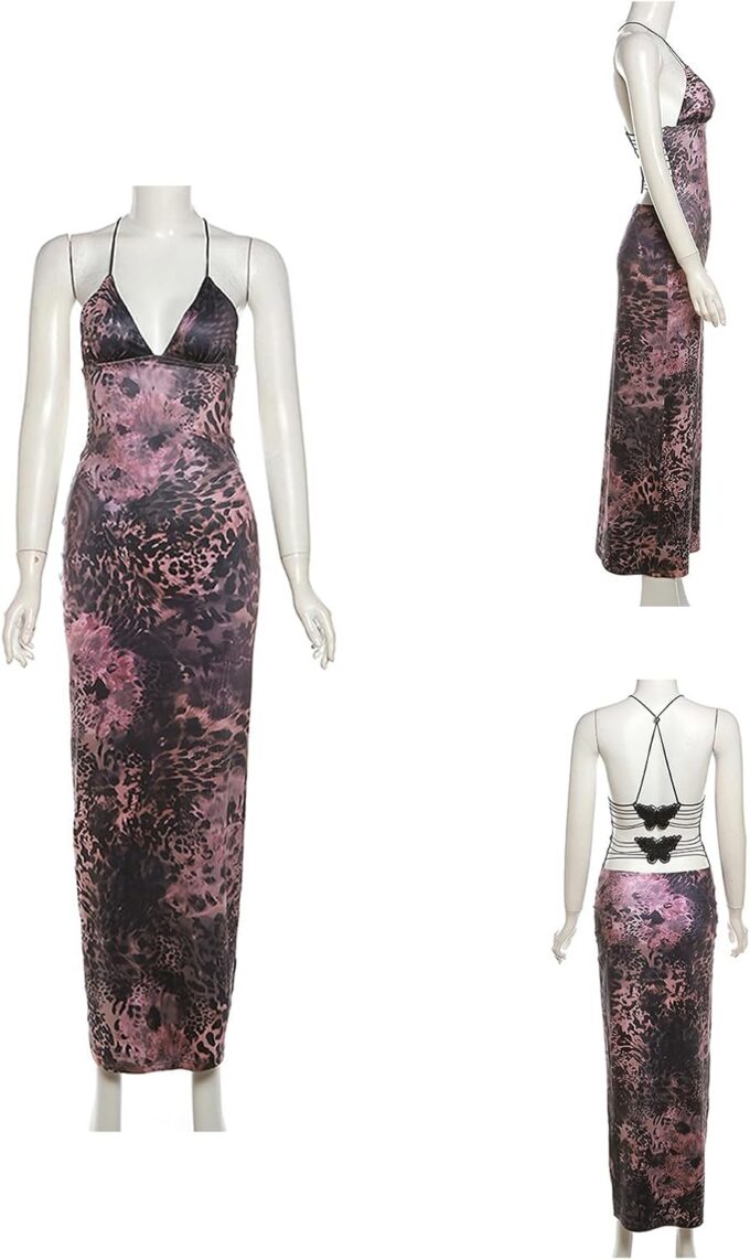 Women’s Butterfly Dress Sexy V Neck Backless Sleeveless Bodycon Maxi Dresses – Bild 6