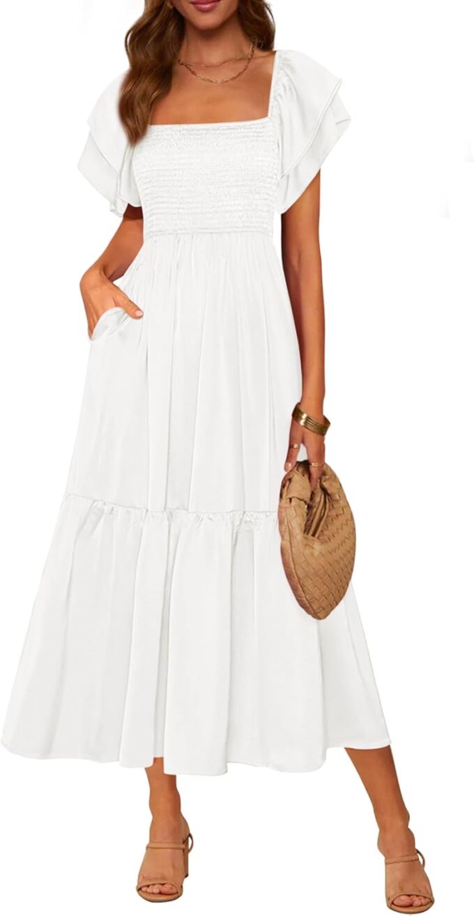 MASCOMODA Womens Summer Casual Midi Dress Square Neck Ruffle Short Sleeve Smocked High Waist A Line Wedding Guest Dresses