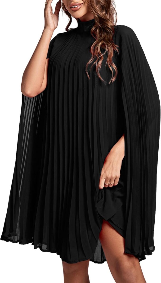 Rooscier Women's Mock Neck Cloak Sleeve Pleated Keyhole Back Flowy Party Midi Dress – Bild 5
