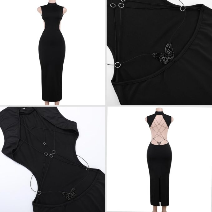 Women's Sexy Mock Neck Criss Cross Wrap Maxi Dress Silver Metal Butterfly Bodycon Long Dress Backless Party Dress – Bild 5