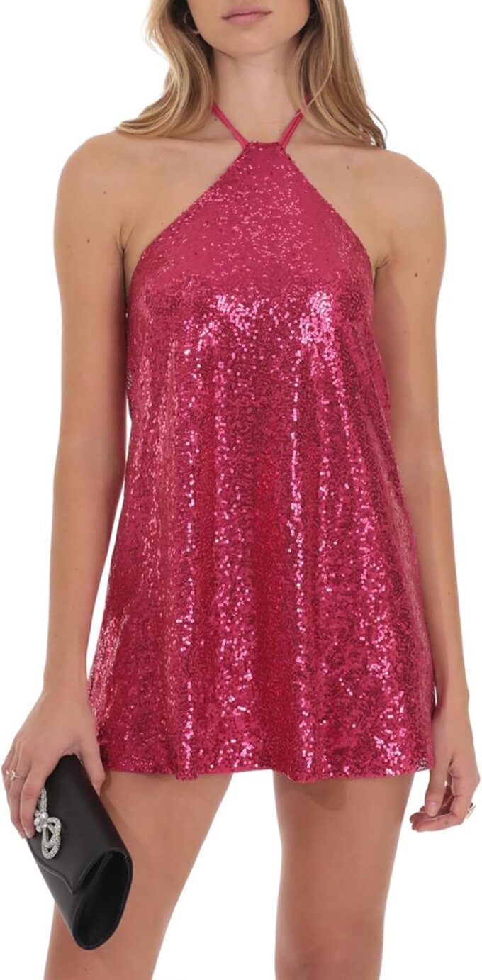 hibshaby Women's Glitter Sequin Dress Halter Neck Party Cocktail Sparkly Mini Dress Clubwear – Bild 3